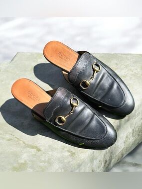 Gucci Black Leather Horsebit Backless Loafers Authentic